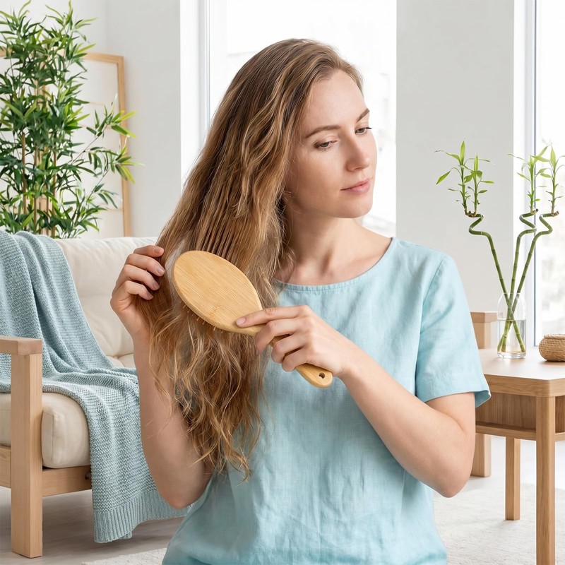12 Pcs Bamboo Paddle Hair Brush with Steel Bristles for