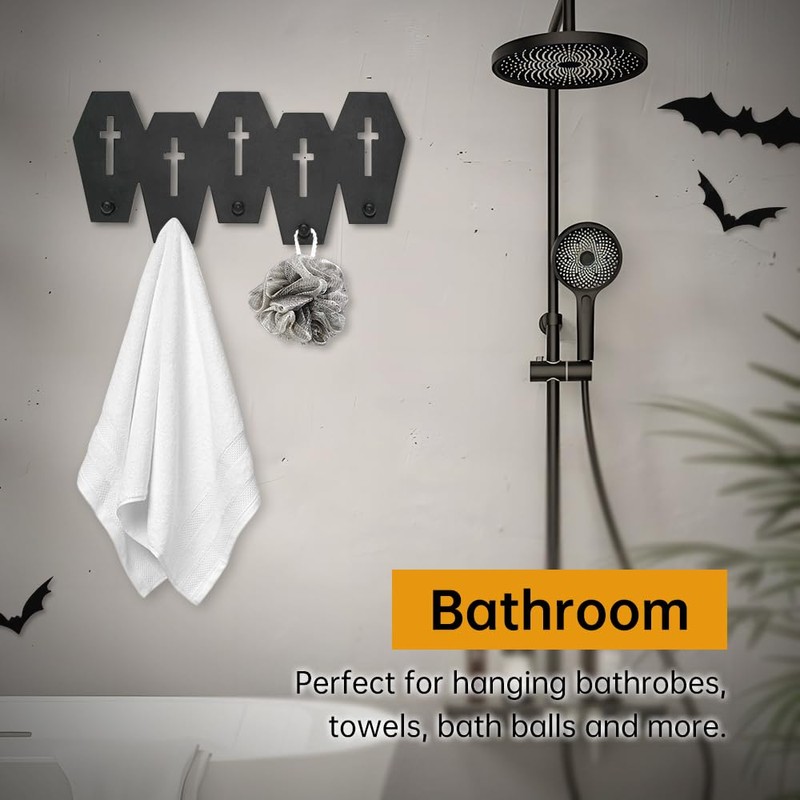 Coffin Coat Hooks, Black Wooden Coat Rack with 5 Hooks,