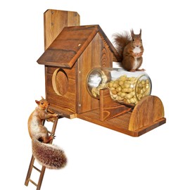 Squirrel Feeder with Ladder, Wood Squirrel Feeders for Outside, Funny Squirrel House with Nut Peanuts Storage Bottle and Corn Cob Holder, Easy to Install