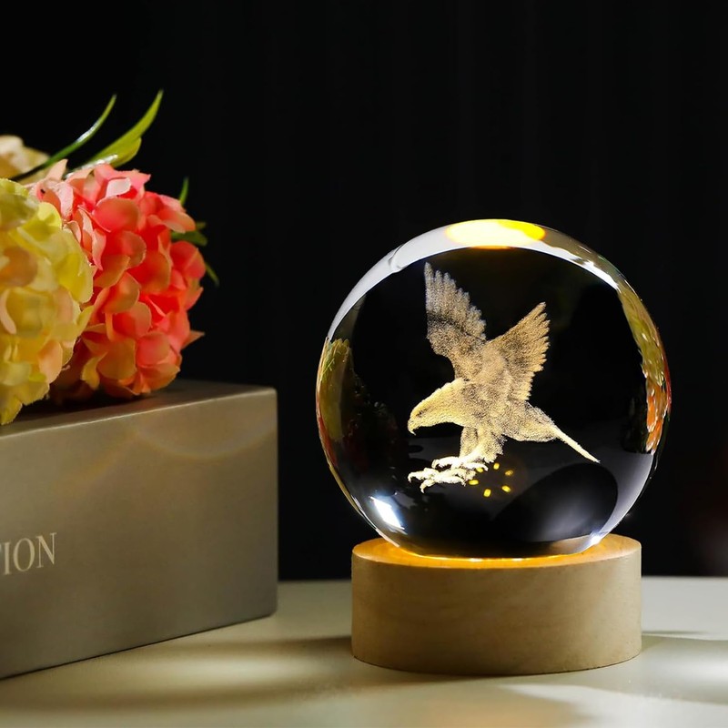 AOFEGRLT 3D Laser Etched Eagle Crystal Ball, Eagle Statue Decor