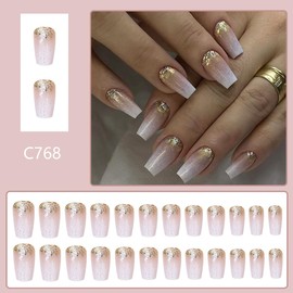 Gold Press on Nails Short Coffin Fake Nails Nude Nails Press ons with Gold Accent Design Glitter False Nails Full Cover Glossy Glue on Nails Artificial Stick on Nails for Women Manicure 24 Pcs