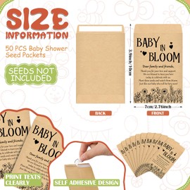 Trandraft Baby Shower Favors for Guests – “Baby in Bloom” Seed Packet Envelopes with Thank You Tags and Twine, Kraft Paper Envelopes for Baby Shower Decorations(50 Sets)