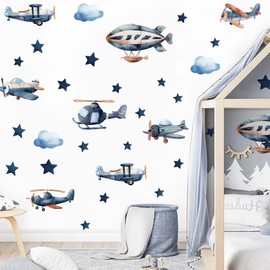 Airplanes Wall Stickers, Airplanes Wall Decals for Kids Room,Helicopters, Airboats, Clouds, Stars Mural Decor,Removable Helicopter Sticker for Kid Room Boys Nursery Bedroom Playroom Decoration