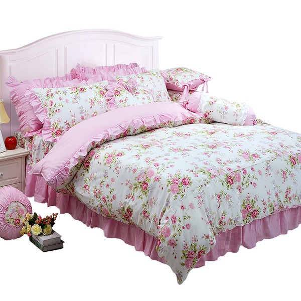 FADFAY Shabby Pink Duvet Cover Set Rose Floral Bedding Collection Elegant Princess Lace Ruffle Quilt Cover Set for Girls 4 Pieces Queen Size