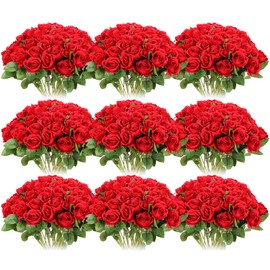 Jexine 100 Pieces Artificial Roses Flowers bulk, Long Stem Realistic Fake Silk Roses Bouquet for Table Centerpiece Vases Wedding Party Home Kitchen Decor (Red)
