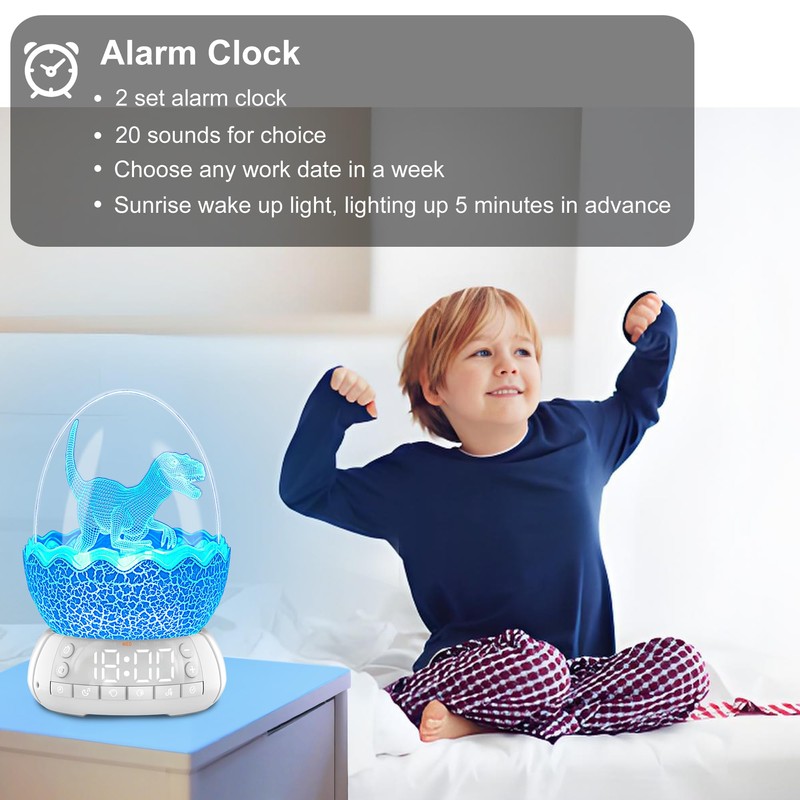 Dinosaur Egg Alarm Clock for Kids, Wake Up Light, Bluetooth