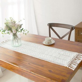 FEXIA Boho Macrame Table Runner with Tassels 48 Inches Long Cream Table Runner for Farmhouse Home Decor Table Runner for Bohemian Dining Bedroom Decor Rustic Bridal Shower (12x48 Inches)
