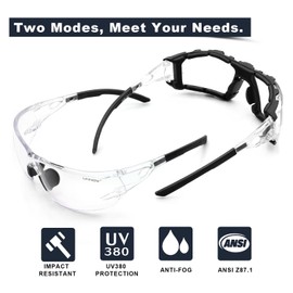 UKNOW Safety Glasses - Anti Fog Wraparound Lenses - Removable Foam Gasket - ANSI Z87.1 Protective Eyewear - Impact Resistant