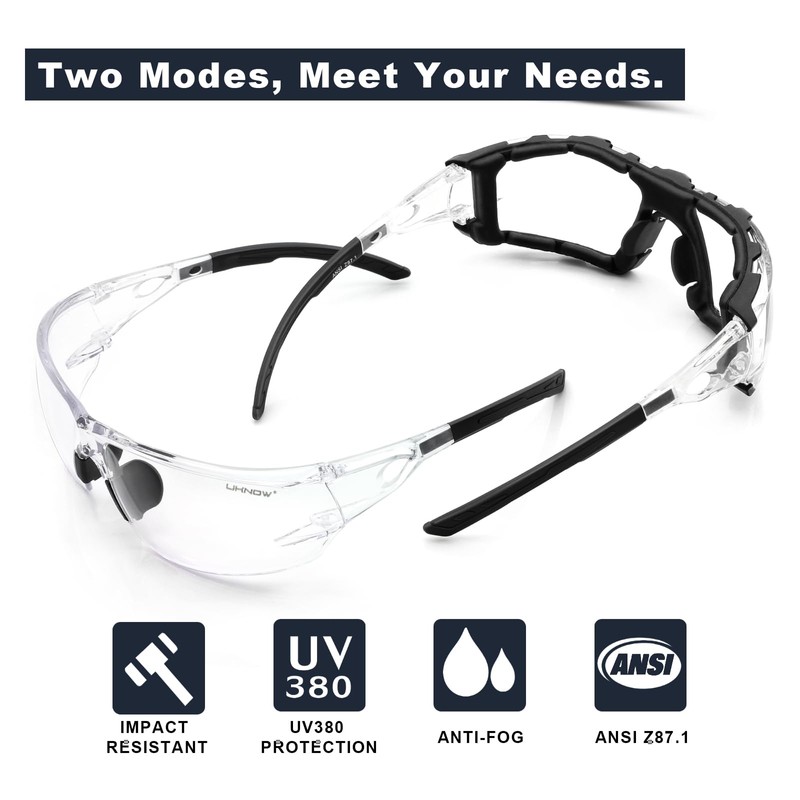 UKNOW Safety Glasses - Anti Fog Wraparound Lenses - Removable