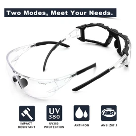 UKNOW Safety Glasses - Anti Fog Wraparound Lenses - Removable Foam Gasket - ANSI Z87.1 Protective Eyewear - Impact Resistant