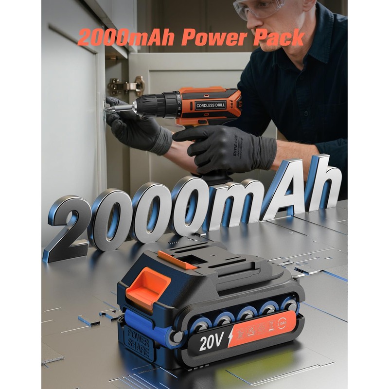 Cordless Drill, 20V MAX Power Drill Set with 2.0Ah Power