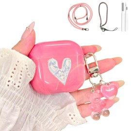 ChouXiLin AirPods 4 Case with Neck Strap - Pink Marble Heart Design, Shockproof Silicone Protective Cover for Women Travel, Compatible with AirPods 4/4(2024 NC) & Detachable Keychain,Cute