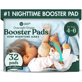 Naturally Nature Overnight Diaper Booster Pads, Stops Overnight from Leaking, Diaper Liners for Toddler, Nighttime Diapers Size 5, Adhesive Pad for Girls, Boys, 32 ct.