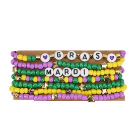 MMIUAEG Happy Mardi Gras Beded Bracelets Holiday Beaded Heishi Bracelets Set Purple Green Gold Carnival Stackable Bracelets for Women Mardi Gras Accessories Party Gift, Medium, Zinc, no gemstone
