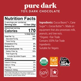 Theo Chocolate Pure Organic Dark Chocolate Bar, 70% Cacao, 6 Pack | Vegan, Fair Trade