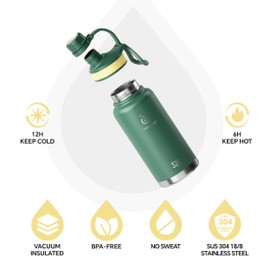 IDEUS Insulated Stainless Steel Water Bottle with 2 Leak-Proof Lids, Thermal Water Flask for Hiking Biking, 32oz, Green