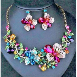 Betsey Johnson Superb FLORAL Bouquet RAINBOW Flower JEWEL Betsey Johnson Necklace Earrings SET