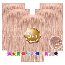 Tinsel Foil Fringe 5 Pack Tinsel Backdrop Glitter Curtains Wedding 3.28ft X 6.56ft Metallic Tinsel for Wedding Birthday Engagement Bridal Shower Bachelorette Holiday Celebration（Rose Gold）