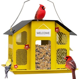 Kingsyard Wild Bird Feeder with Weatherproof Roof & Seed Tray, All Metal, Bird Seed Feeder Hanging for Garden Yard Outside Decoration, 4 lbs Large Capacity, Yellow