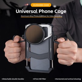 Universal Phone Cage, Smartphone Video Rig Kit with Dual Handle, ND Filter, Tripod Mount, Aluminum Alloy Phone Stabilizer for Video Recording, 1/4 inch Screw Hole