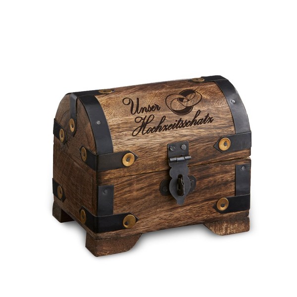 Small Wooden Chest (Wooden Box) as Treasure Chest - with Engraving for Wedding - Our Wedding Treasure - Jewellery Box, Storage Box, Cash Box or Savings Box - 11 cm x 7 cm x 9 cm - Parent
