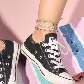 FANCY SHINY String Ankle Bracelets Waterproof Rope Anklets Braided Beach Boho Coin Anklets Cute Friendship Foot Jewelry for Women(Ivory/Olive)