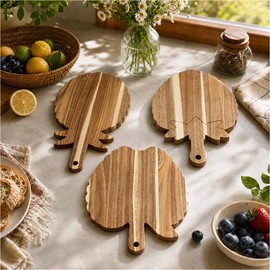 3-Piece Acacia Wood Scalloped Cutting Board Set with Handles, Decorative Wooden Charcuterie Boards for Cheese, Pizza, Meat, Fruit and Bread, Cottagecore Kitchen Serving Decor