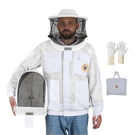 Bee Proof Beekeeping Jacket with Veil 3-Layer Ultra Ventilated 2 Veil Options (Fencing & Round) YKK Zippers Full Protection Suit Carrying Bag (BP-302-White)-XXL