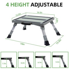 Homeon Wheels Iron RV Steps Adjustable Folding Step Stool with Non-Slip Rubber Feet, Stable Platform Supports 1000bs, Safety Strips, Handle, Easy Carry, Outdoor Camper Trailer Travel - Gray