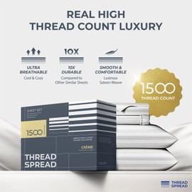 THREAD SPREAD 100% Egyptian Cotton Sheets Queen Size - 1500 Thread Count 4 PC Damask Sheet Set Egyptian Cotton, Sateen Luxury Sheet Queen Size, Soft Sateen Sheets, 17" Deep Pocket - White Stripe