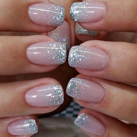 Press on Nails Short Square Fake Nails Glitter Sequins Acrylic Nails Glossy Light Pink Glue on Nails Cute False Nails Translucent Stick on Nails for Women Girls 24 Pcs