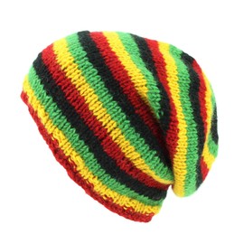 LOUDelephant Hand Knitted Baggy Slouch Beanie Hat - Stripe Rasta