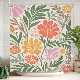 Newsely Colorful Matisse Flower Shower Curtain 60Wx72H Inch Abstract Floral Vintage Boho Plant Leaves Retro Shower Curtain Bathroom Set Modern Groovy Waterproof Bath Decoration Accessories Home Decor