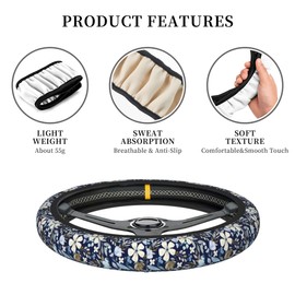Steering Wheel Cover Universal Fit Car Interior Accessories for Women Men 15 Inch Breathable Anti Slip Odorless Neoprene Steering Wheel Cover for Car Decor Protector - Vintage Blue Flowers 013
