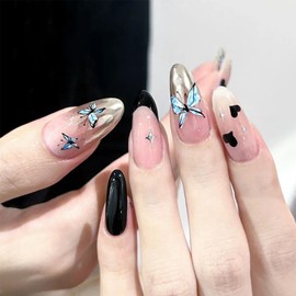 NEWSPIED Press on Nails Almond Short Fake Nails Glossy Nude Pink Full Cover Stick on False Nails with Butterfly Heart Designs Artificial Almond Shaped Glue on Nails for Women 24Pcs