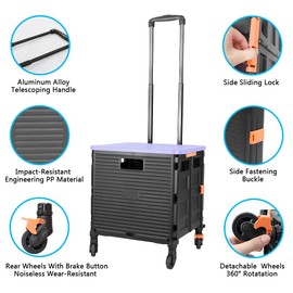 FELICON SELORSS Foldable Utility Cart Folding Portable Rolling Crate Handcart with Heavy Duty Telescoping Handle Collapsible 4 Rotate Wheels for Travel Shopping Move Luggage Office Use(Black+Purple)