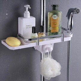 Haphome Duschablage Ohne Bohren Badezimmer Aufbewahrungsregal - Multifunktions hängen Badezimmer Organizer Duschkorb mit 1 Seifenschale für 18 mm-25 mm Duschstange(White)