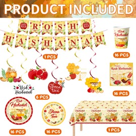 Rosh Hashanah Party Decorations Tableware,Jewish New Year Plates Shana Tova Party Tablecloth Napkins Cups Banner Hanging Swirls for Holiday Party Decorations(Serve 16)