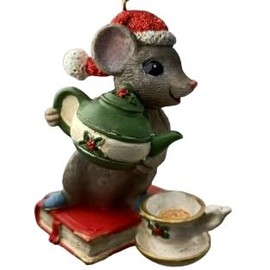 OnHoliday Mouse in Santa Hat Standing on Book and Pouring Tea into Teacup and Saucer Hanging Christmas Tree Ornament