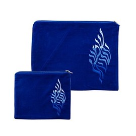 Embroidered Velvet Tallit and Tefilin 2 Bag Set Shema Yisrael (Blue)