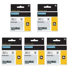 FlyLong 18489 Compatible Flexible Nylon Label Tapes Replacement for DYMO 3/4'' Black on White Industrial Tapes Use with DYMO Rhino 4200 5200 5000 6000 Industrial Label Maker for Wires, Cables, 5-Pack
