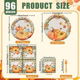 96 Pcs Thanksgiving Pumpkin Tableware Set – Disposable Fall Harvest Dinnerware with Rustic Paper Plates, Napkins, and Orange Forks for Thanksgiving Dinner, Friendsgiving, and Autumn Party – Serves 24