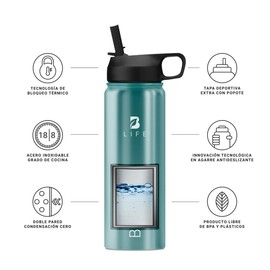 Botella Térmica 32oz Mantiene FrÍo y Calor con Doble Pared Aislada al Vacío, Cilindro con Doble Tapa y Popote extraible, Termo para gimnasio. Botella Termica Aqua B Life.