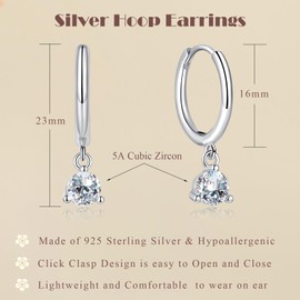 Cangall Silver Hoop Earrings for Women Girls, Sterling Silver Drop Hoop Earrings with Cubic Zircon, Hypoallergenic Earrings Silver Charm Dangling Cuff Sleeper Cartilage Silver Dangle Hoop Earrings