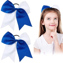 2 Packs Jumbo Cheerleading Bow 8 Inch Large Cheer Hair Bows with Ponytail Holder for Teen Girls Softball Outfit Uniform(Blue and White)