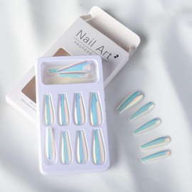 Chrome Press on Nails Ballerina Long Coffin False Nails Holographic Mirror Fake Nails Luxury Chameleon Metallic Full Cover Glue on Nails for Women Girls Artificial Acrylic Nail Decoration 24pcs