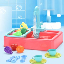 NIWWIN Pretend Play Kids Kitchen Sink Toys Set with Flowing Water Learning Gifts Boys Girls Simulation Dishwasher Work Tap & Drain Gifts (Blue)