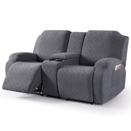 VANSOFY Recliner Loveseat Cover with Middle Console Stretch Reclining Sofa Slipcover for 2 Seat Jacquard Reclining Couch Sofa Covers Furniture Protector with Elastic Straps Bottom (Dark Gray)