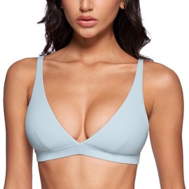 INGIA Sujetador Deportivo Mujer Acolchado con Cuello en V Profundo de Bajo Impacto Fitness Yoga Contour Crop Top con U Espalda Sin Varillas Lino Azul Grande