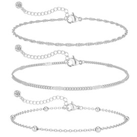 Ankle Bracelets for Women, 3PCS Silver Multi-layer Women's Anklets, Adjustable Boho Rhinestone Personality Beach Elegant French Anklet Bracelet Foot Chain Summer Jewelry Gifts for Women and Girls